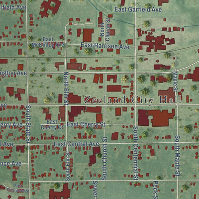 Close-up of the map of Zeeland, Michigan print showing street and building detail