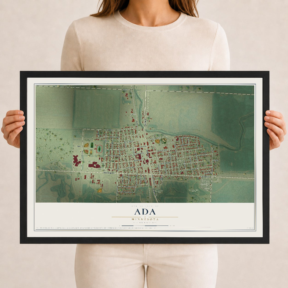 Map of Ada, Minnesota, 12 x 18 inch print in a black wood frame