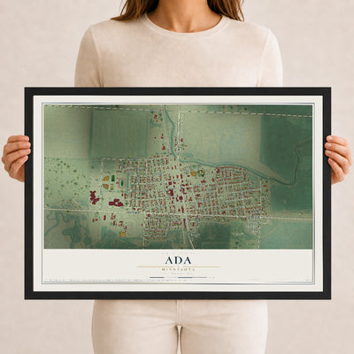 Map of Ada, Minnesota, 12 x 18 inch print in a black wood frame