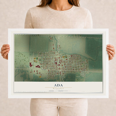 Map of Ada, Minnesota, 12 x 18 inch print in a white wood frame
