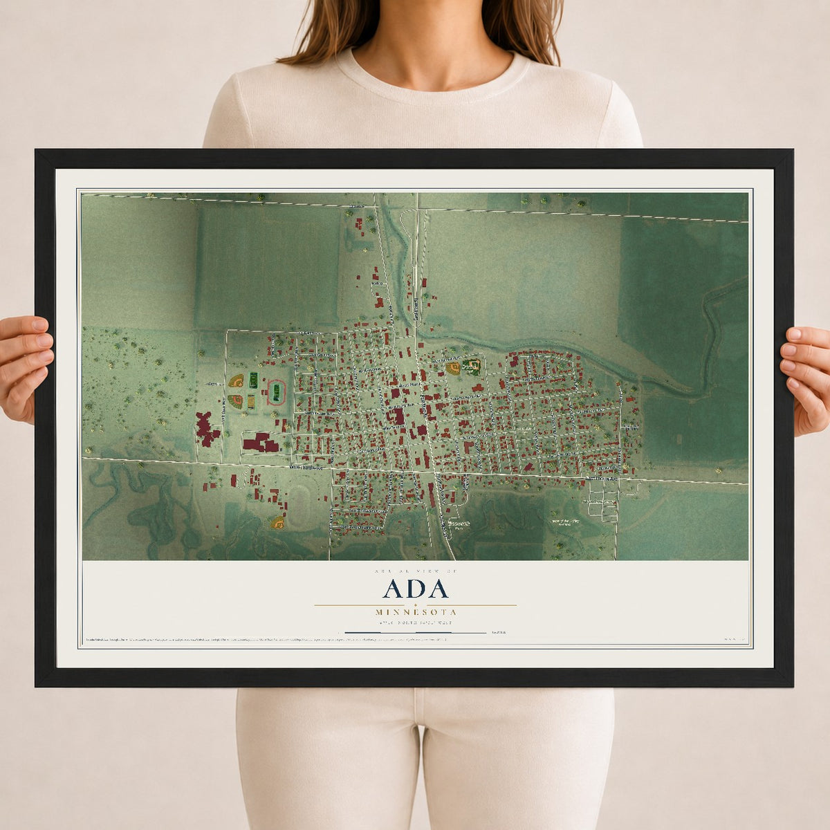 Map of Ada, Minnesota, 18 x 24 inch print in a black wood frame