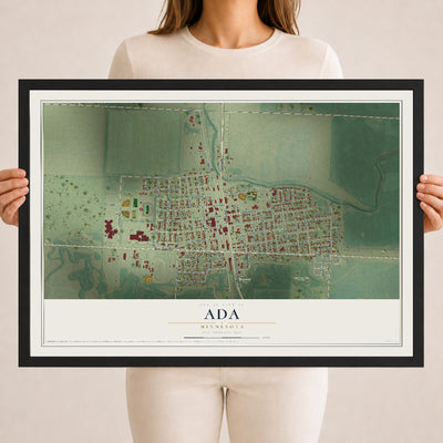 Map of Ada, Minnesota, 18 x 24 inch print in a black wood frame