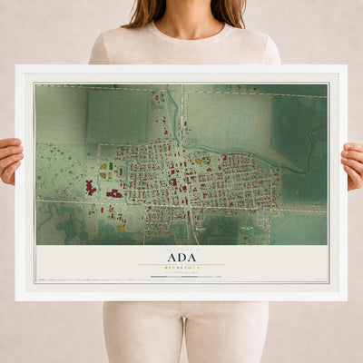 Map of Ada, Minnesota, 18 x 24 inch print in a white wood frame