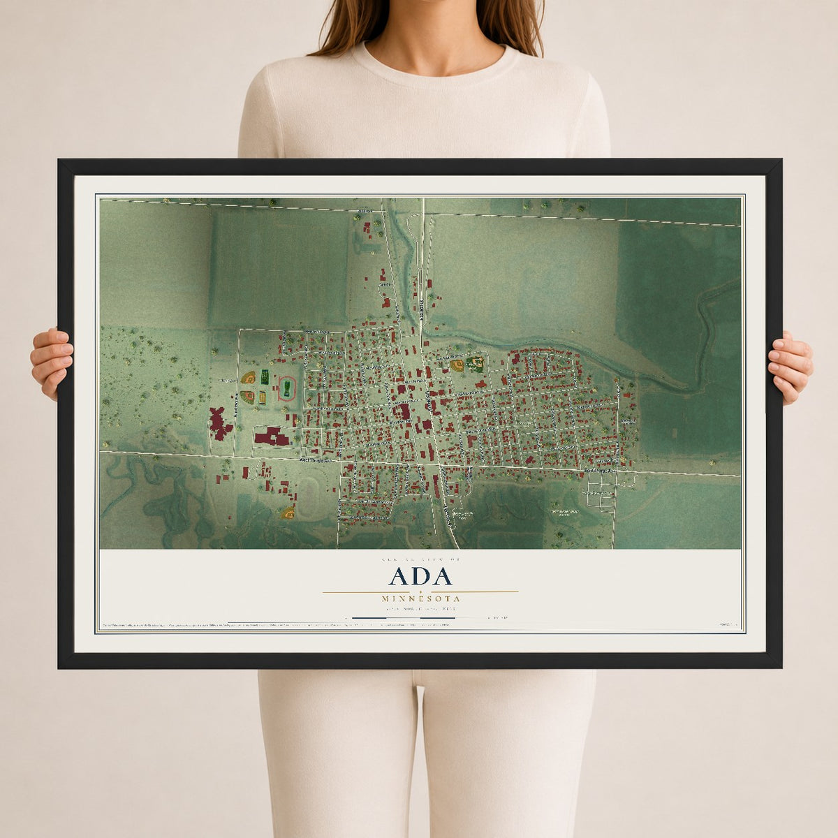 Map of Ada, Minnesota, 24 x 36 inch print in a black wood frame