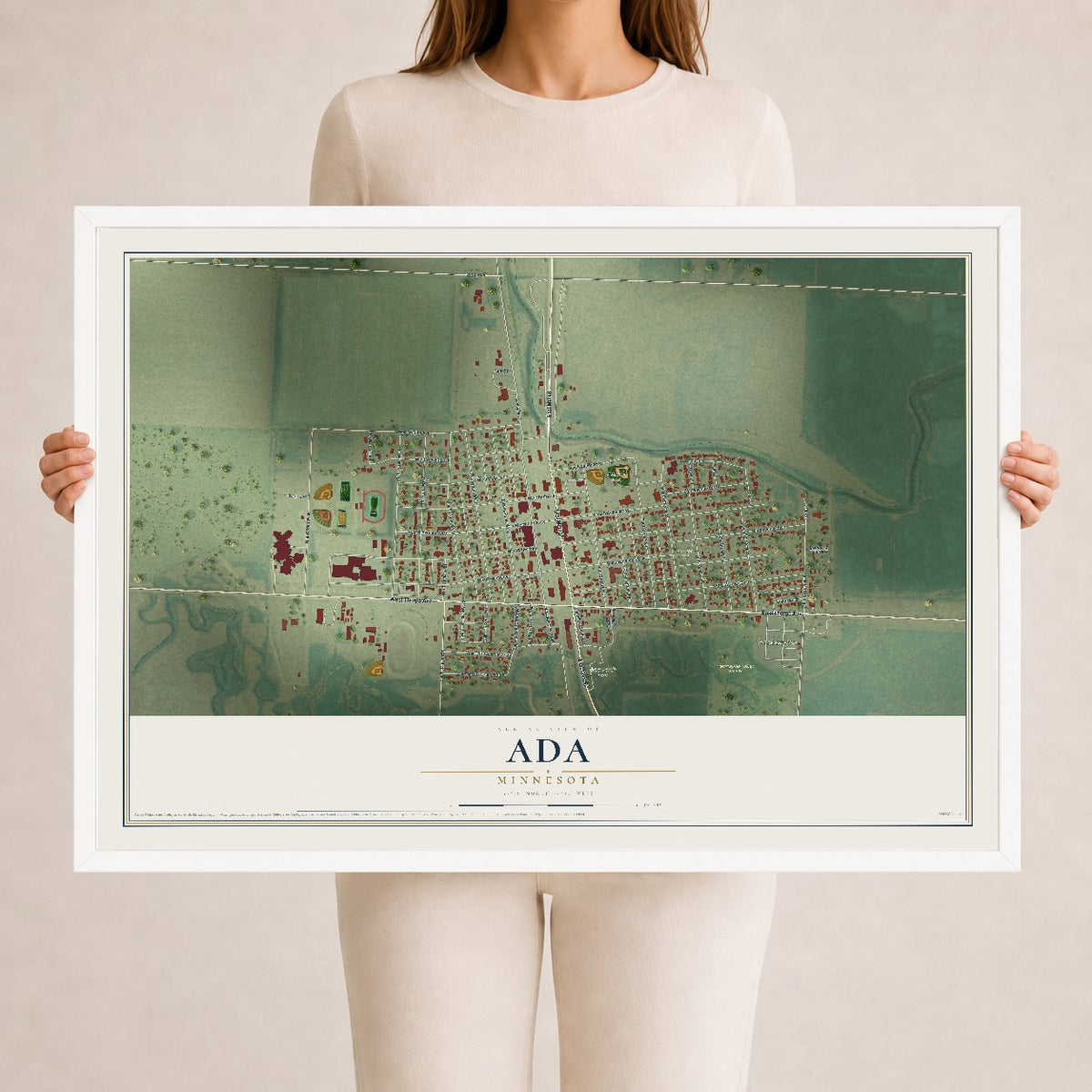 Map of Ada, Minnesota, 24 x 36 inch print in a white wood frame