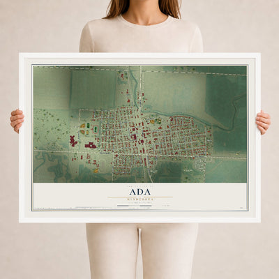Map of Ada, Minnesota, 24 x 36 inch print in a white wood frame