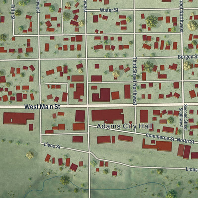 Close-up of the map of Adams, Minnesota print showing street and building detail