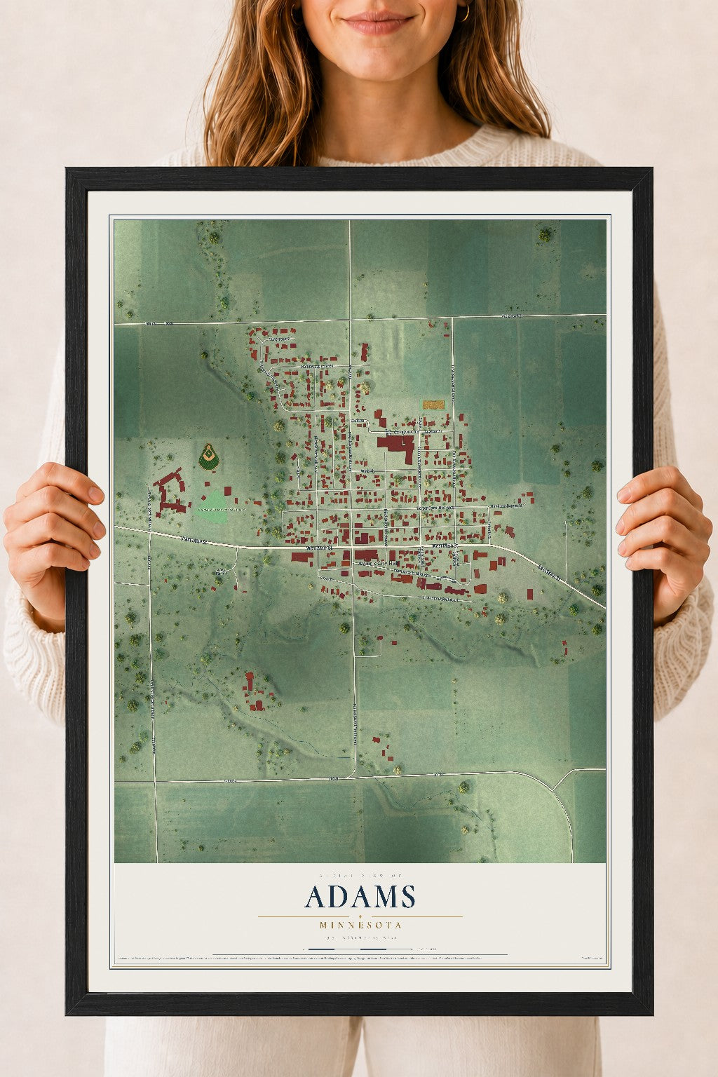 Map of Adams, Minnesota, 18 x 24 inch print in a black wood frame