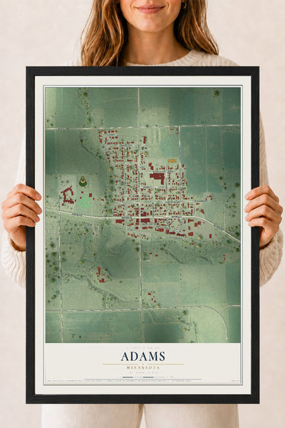 Map of Adams, Minnesota, 18 x 24 inch print in a black wood frame