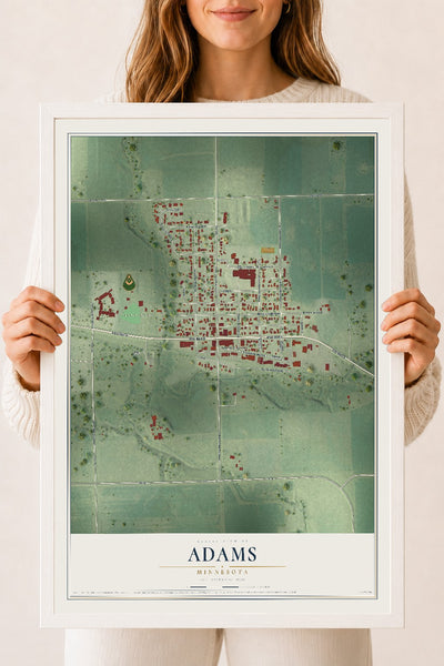 Map of Adams, Minnesota, 18 x 24 inch print in a white wood frame