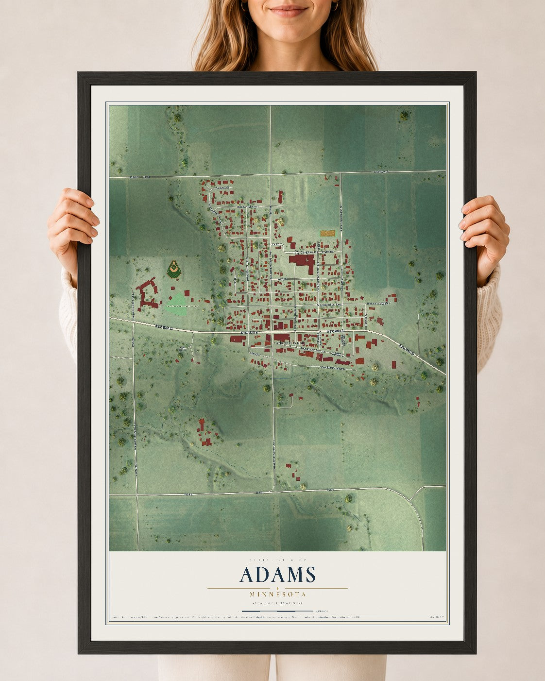 Map of Adams, Minnesota, 24 x 36 inch print in a black wood frame