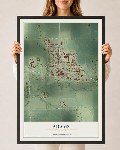 Map of Adams, Minnesota, 24 x 36 inch print in a black wood frame