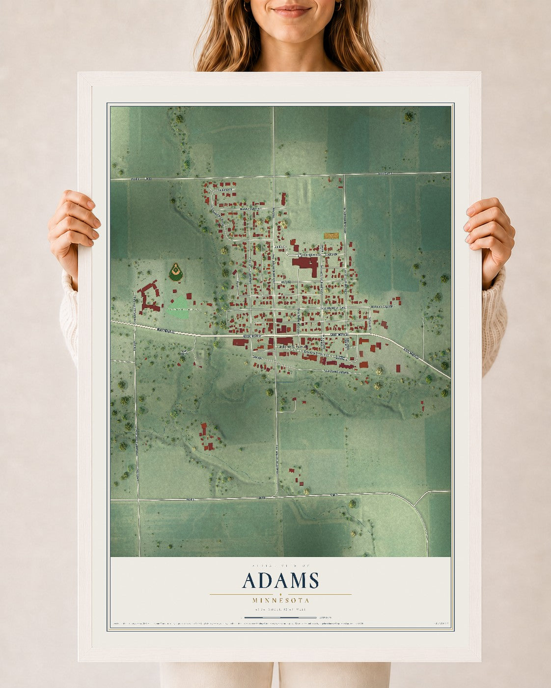 Map of Adams, Minnesota, 24 x 36 inch print in a white wood frame