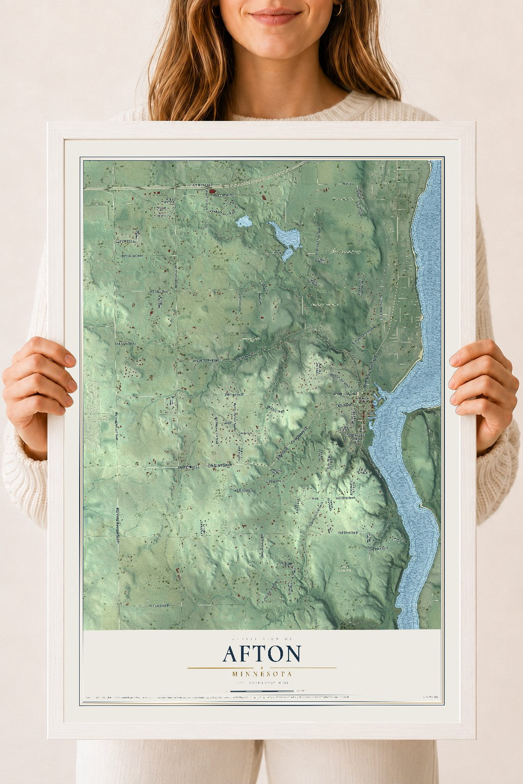 Map of Afton, Minnesota, 18 x 24 inch print in a white wood frame