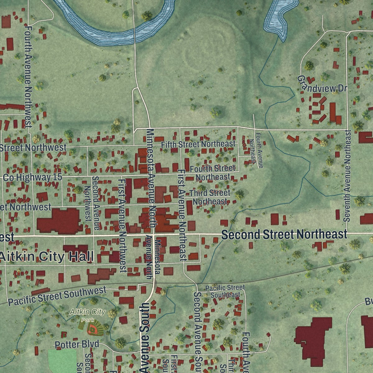 Close-up of the map of Aitkin, Minnesota print showing street and building detail
