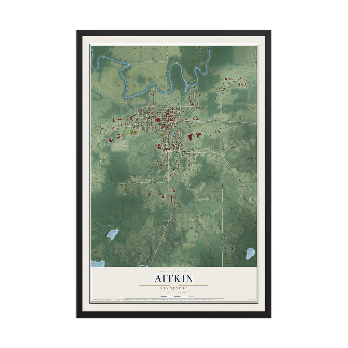 Map of Aitkin, Minnesota, 12 x 18 inch print in a black wood frame