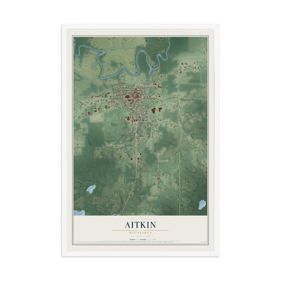 Map of Aitkin, Minnesota, 12 x 18 inch print in a white wood frame