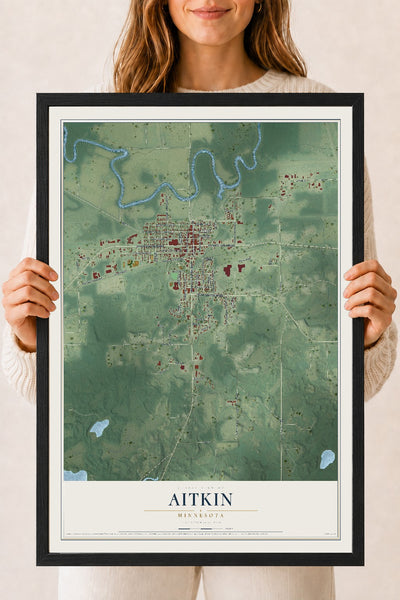 Map of Aitkin, Minnesota, 18 x 24 inch print in a black wood frame
