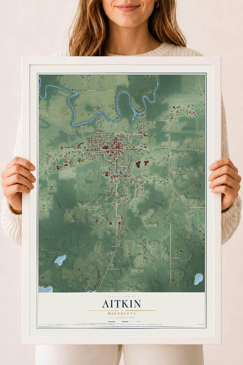Map of Aitkin, Minnesota, 18 x 24 inch print in a white wood frame