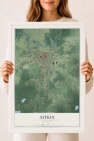 Map of Aitkin, Minnesota, 18 x 24 inch print in a white wood frame