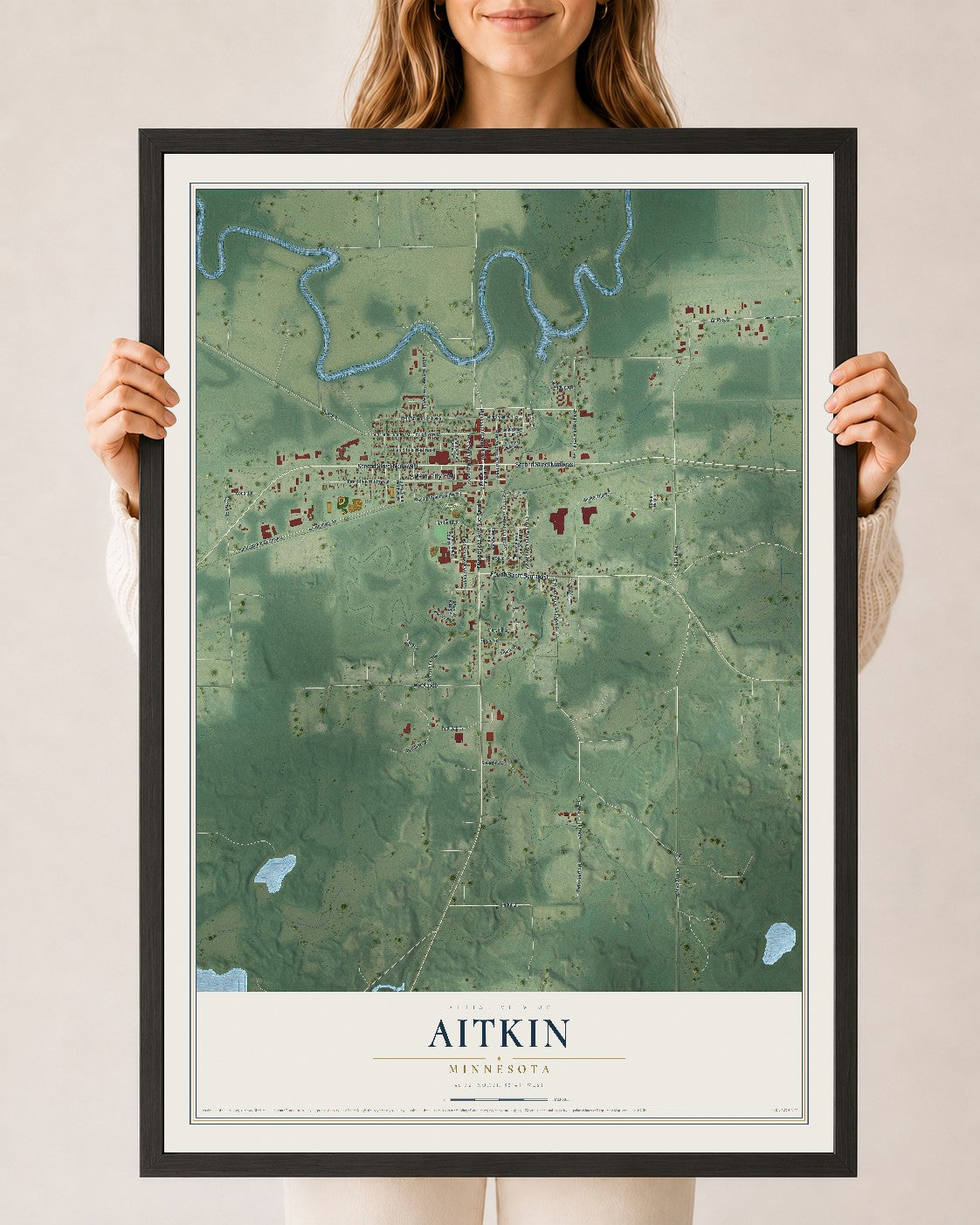 Map of Aitkin, Minnesota, 24 x 36 inch print in a black wood frame