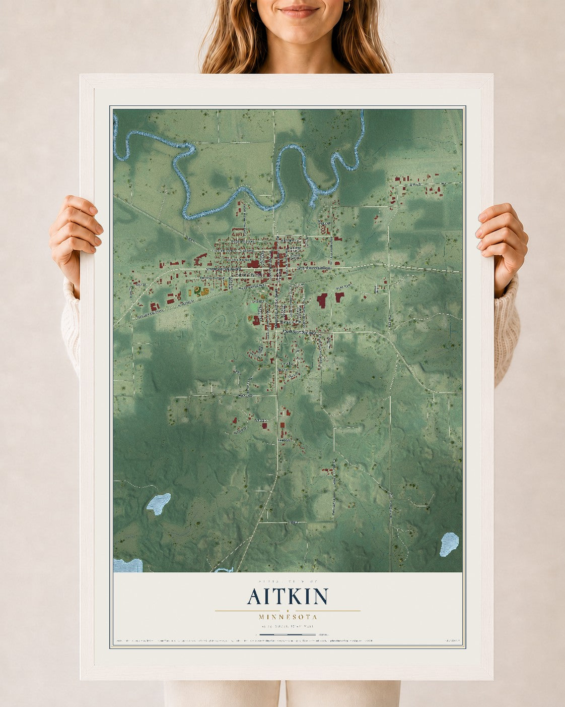 Map of Aitkin, Minnesota, 24 x 36 inch print in a white wood frame