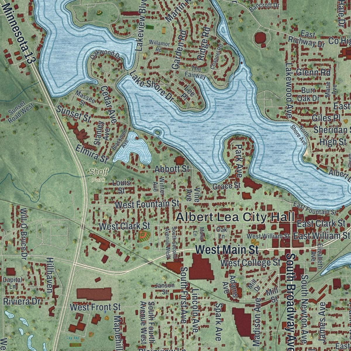 Close-up of the map of Albert Lea, Minnesota print showing street and building detail