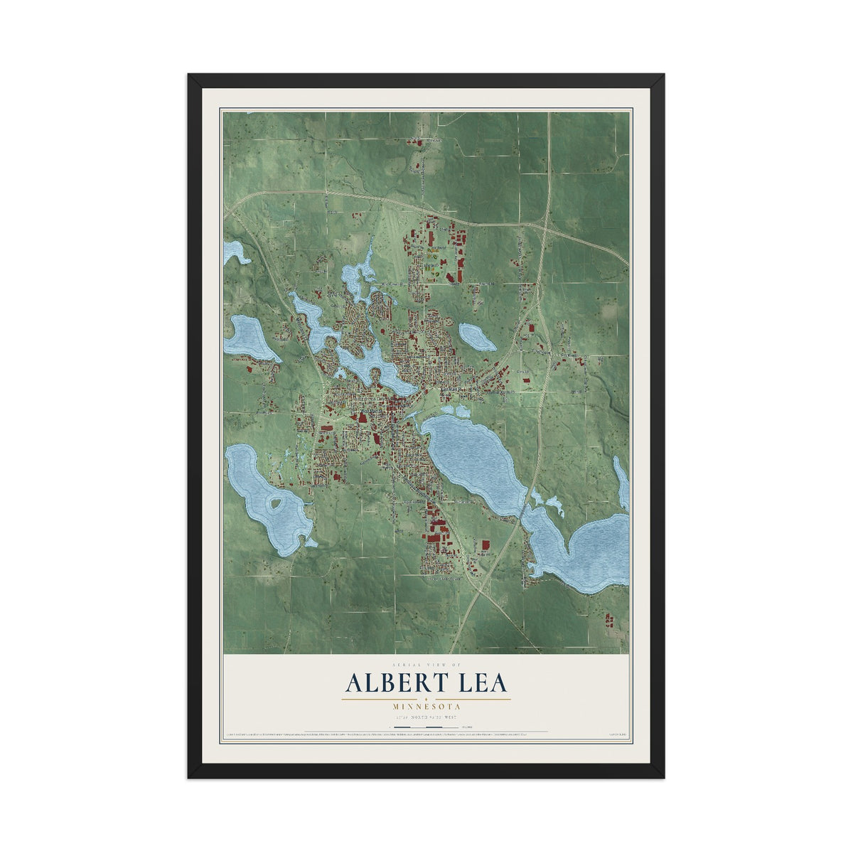 Map of Albert Lea, Minnesota, 12 x 18 inch print in a black wood frame