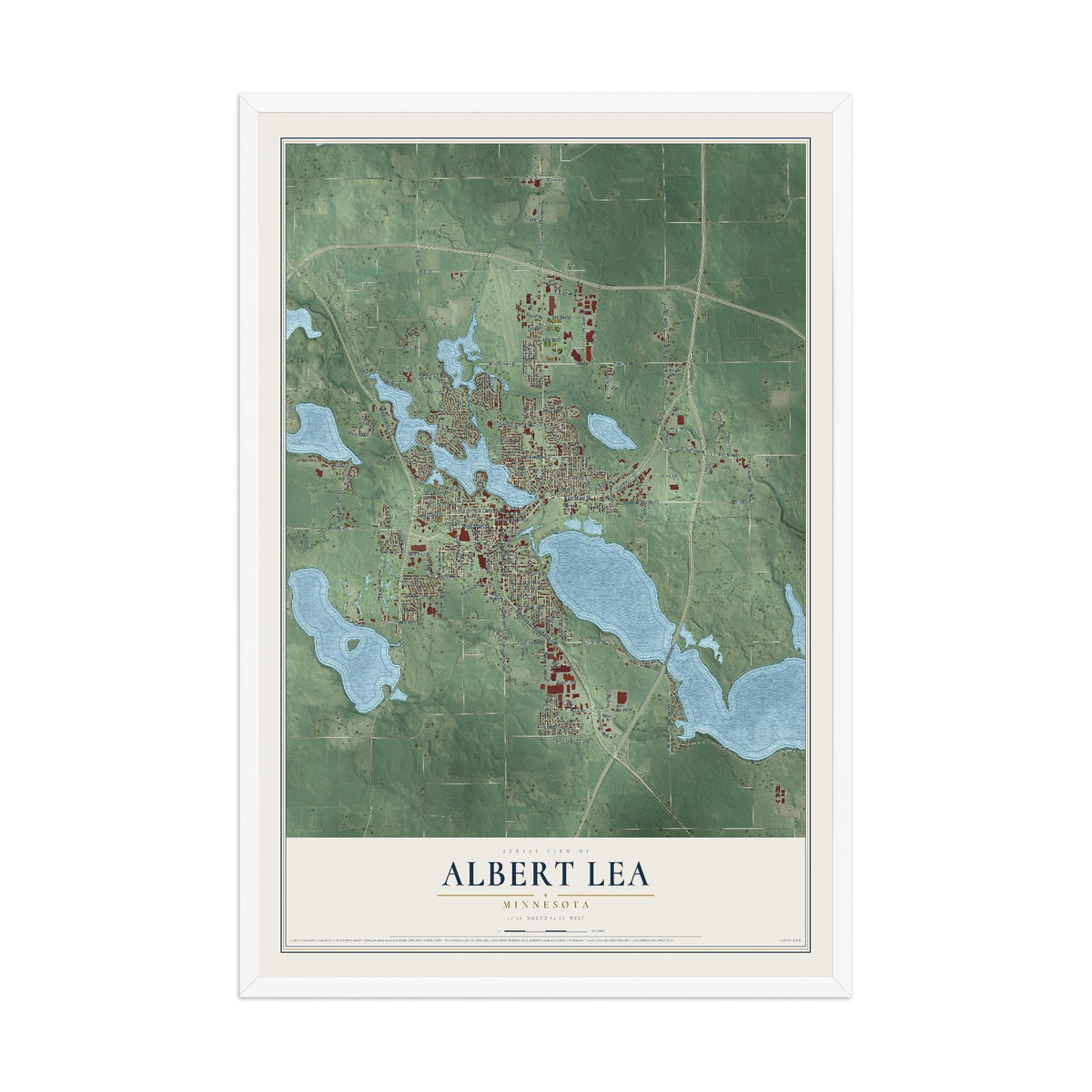 Map of Albert Lea, Minnesota, 12 x 18 inch print in a white wood frame