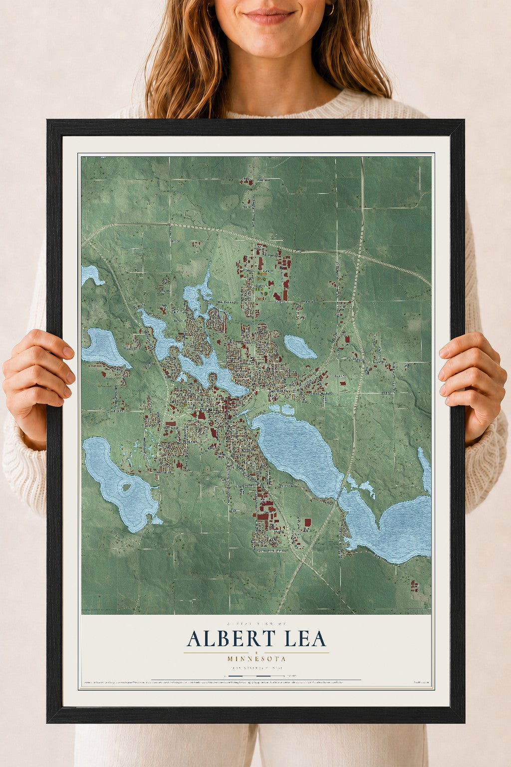 Map of Albert Lea, Minnesota, 18 x 24 inch print in a black wood frame
