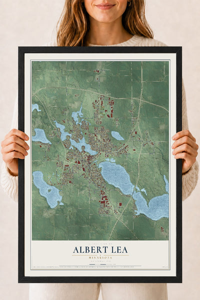 Map of Albert Lea, Minnesota, 18 x 24 inch print in a black wood frame