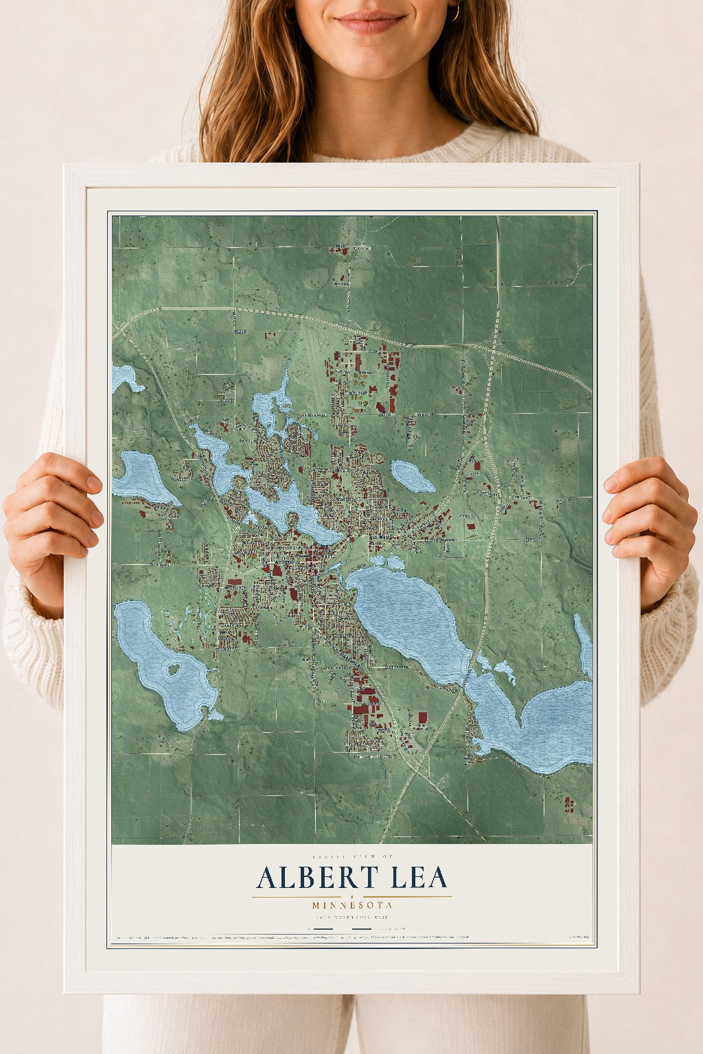 Map of Albert Lea, Minnesota, 18 x 24 inch print in a white wood frame