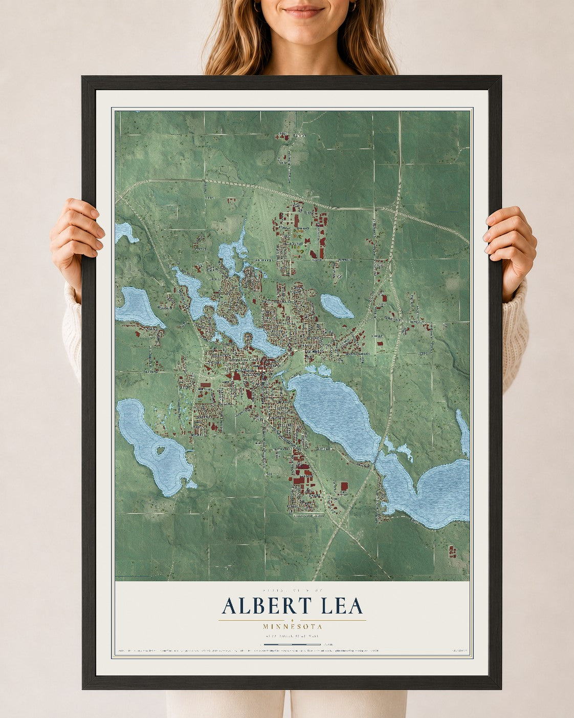 Map of Albert Lea, Minnesota, 24 x 36 inch print in a black wood frame