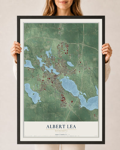 Map of Albert Lea, Minnesota, 24 x 36 inch print in a black wood frame