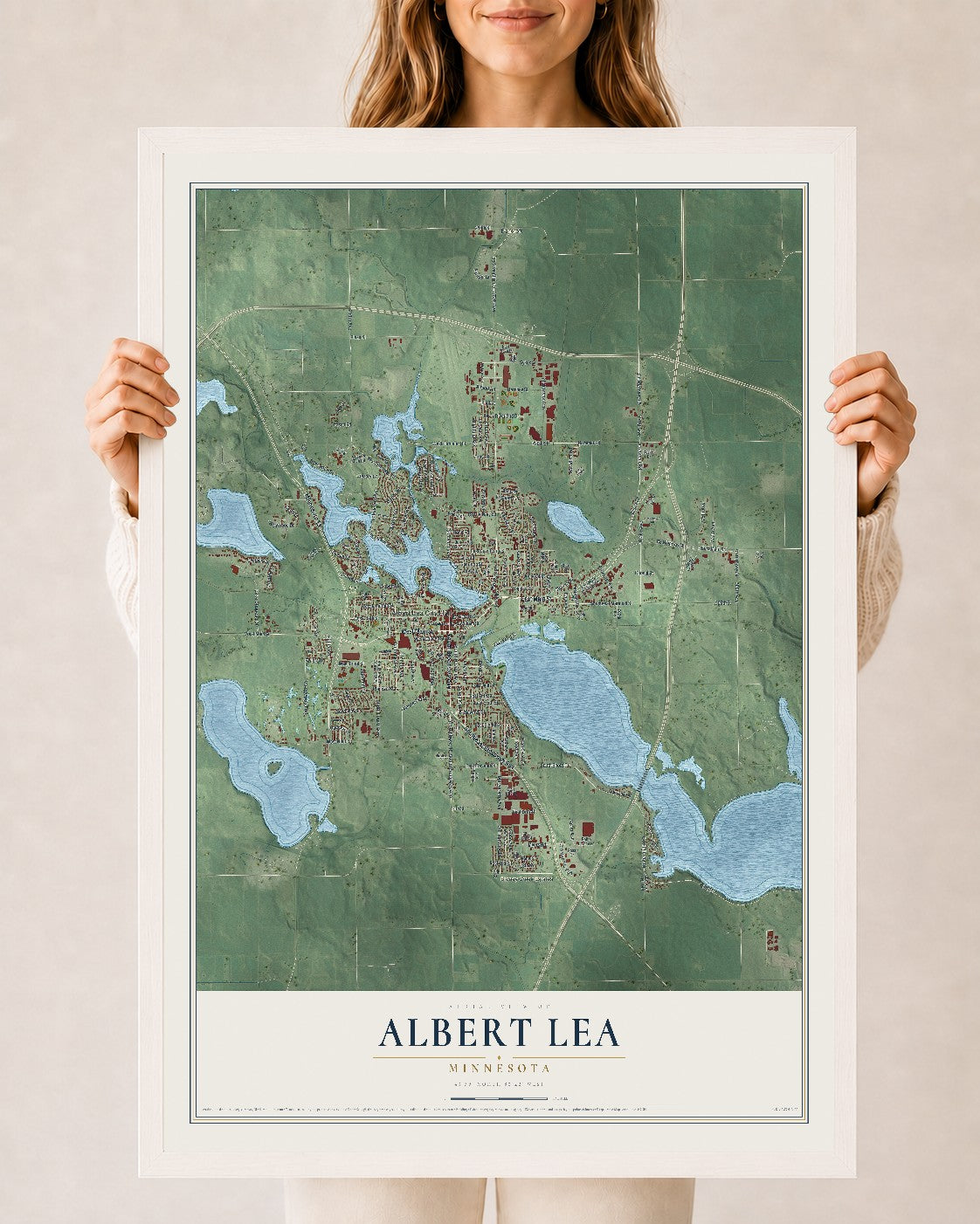 Map of Albert Lea, Minnesota, 24 x 36 inch print in a white wood frame
