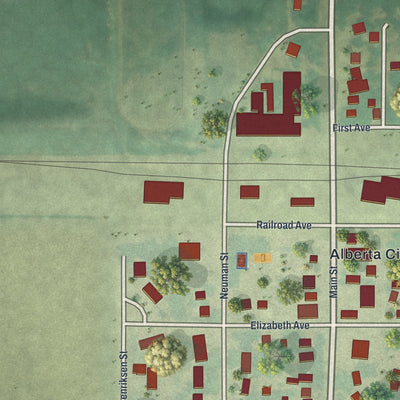 Close-up of the map of Alberta, Minnesota print showing street and building detail
