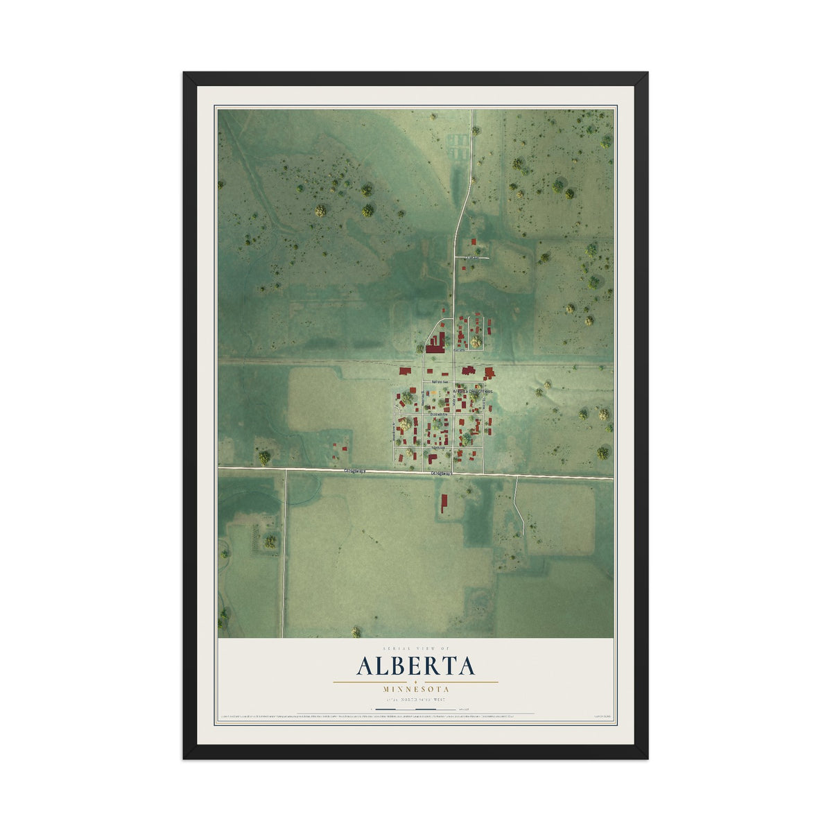 Map of Alberta, Minnesota, 12 x 18 inch print in a black wood frame