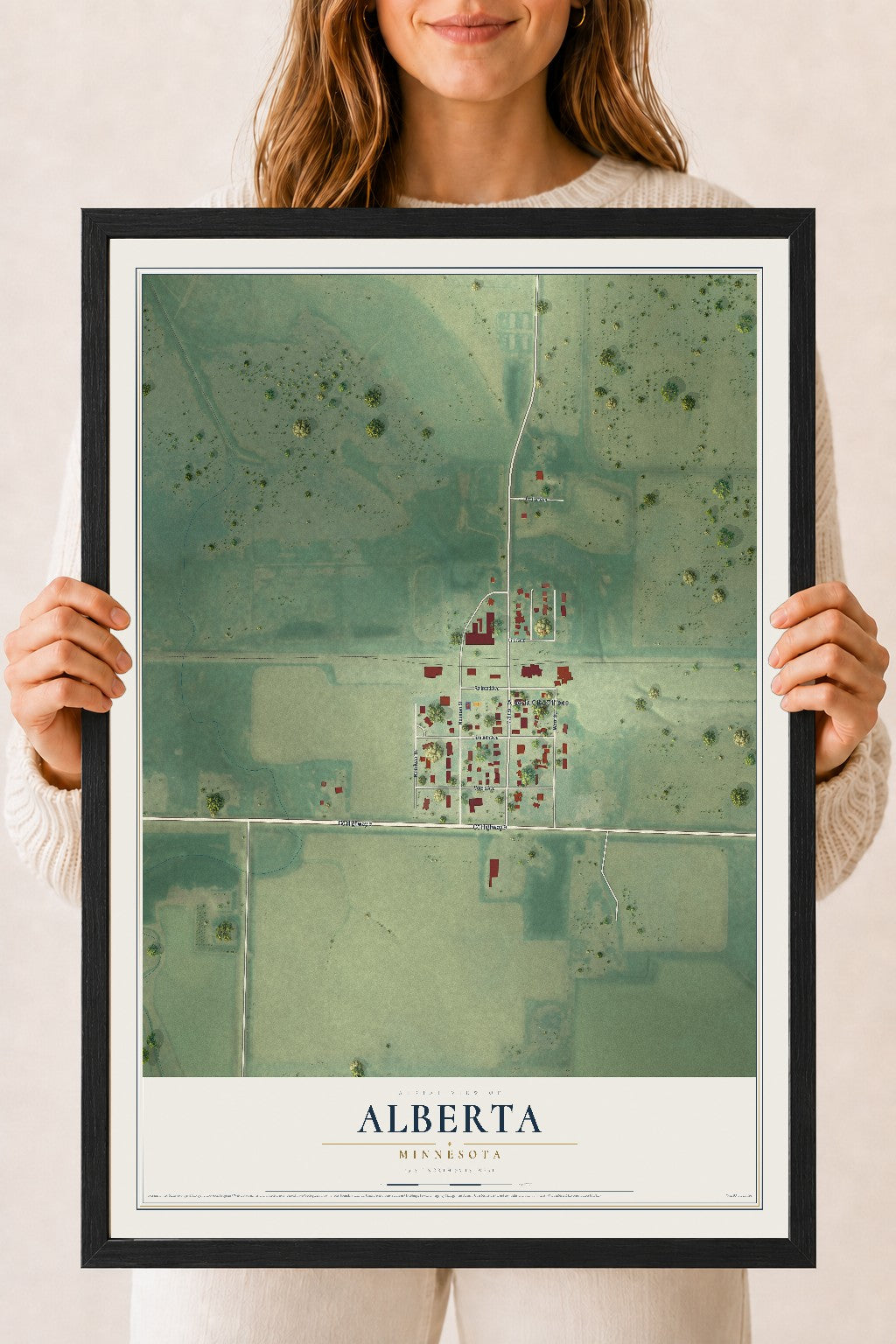Map of Alberta, Minnesota, 18 x 24 inch print in a black wood frame