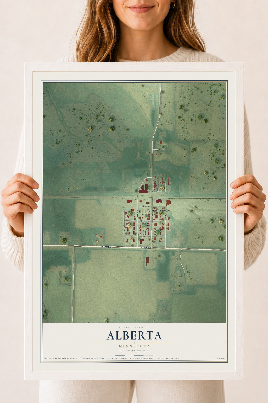 Map of Alberta, Minnesota, 18 x 24 inch print in a white wood frame