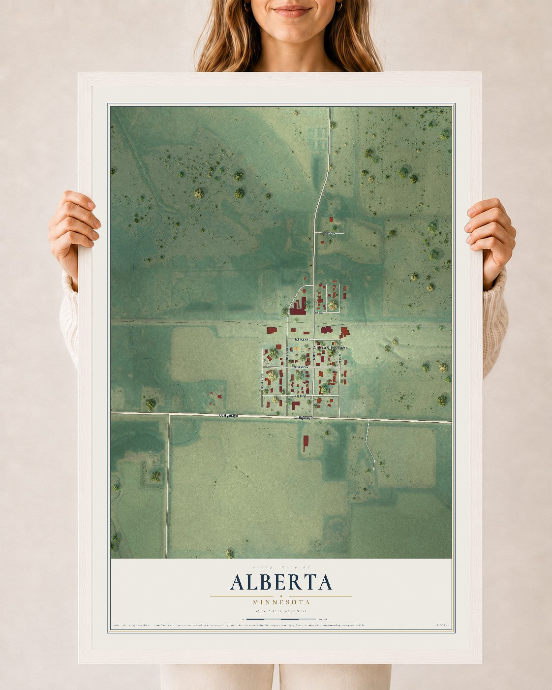 Map of Alberta, Minnesota, 24 x 36 inch print in a white wood frame