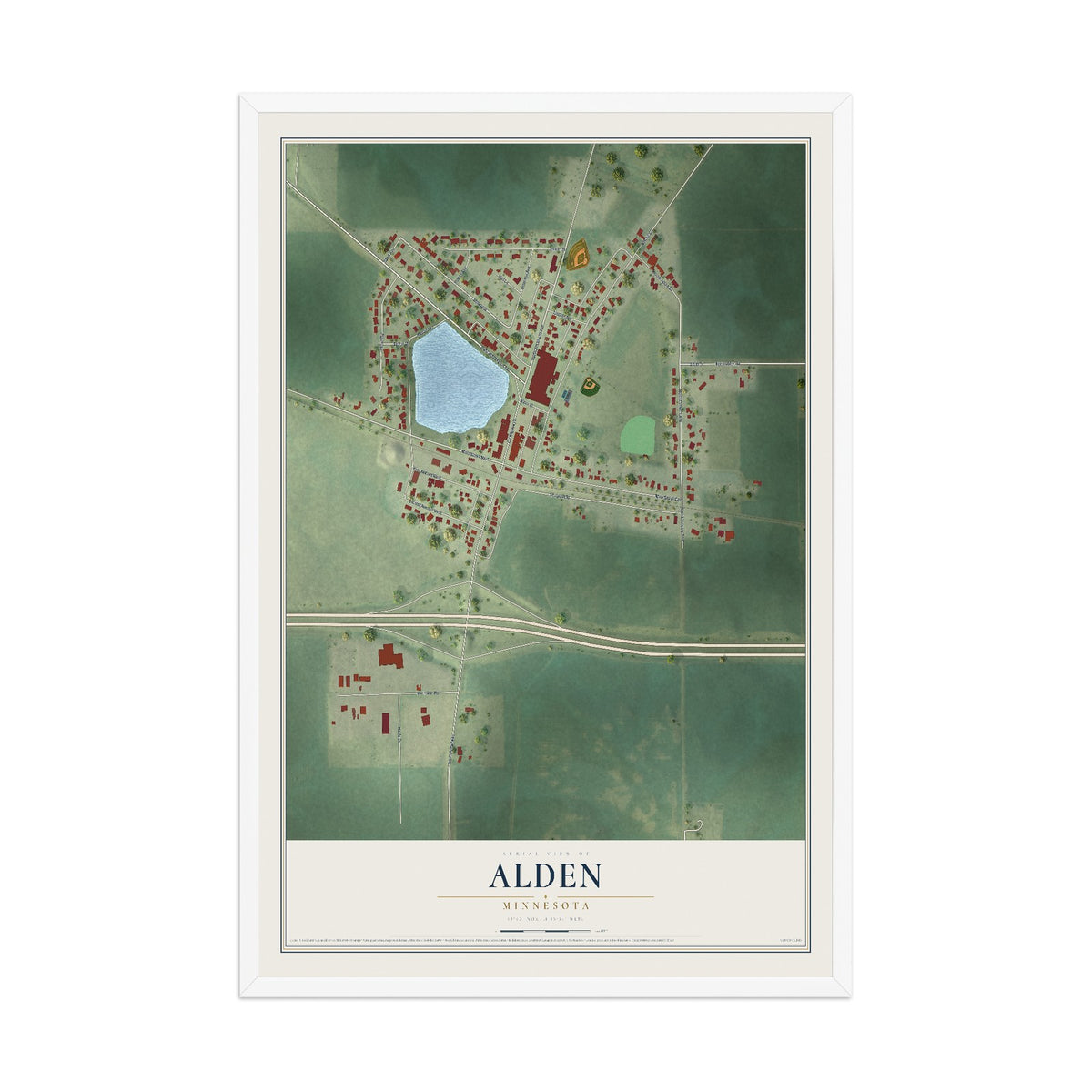 Map of Alden, Minnesota, 12 x 18 inch print in a white wood frame