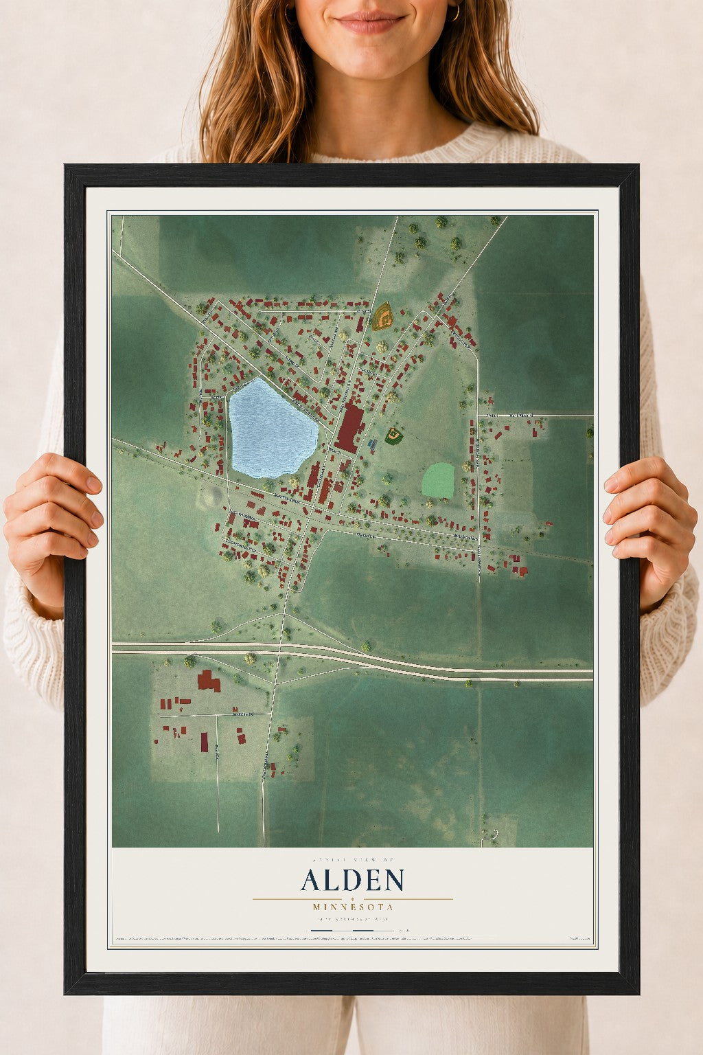 Map of Alden, Minnesota, 18 x 24 inch print in a black wood frame