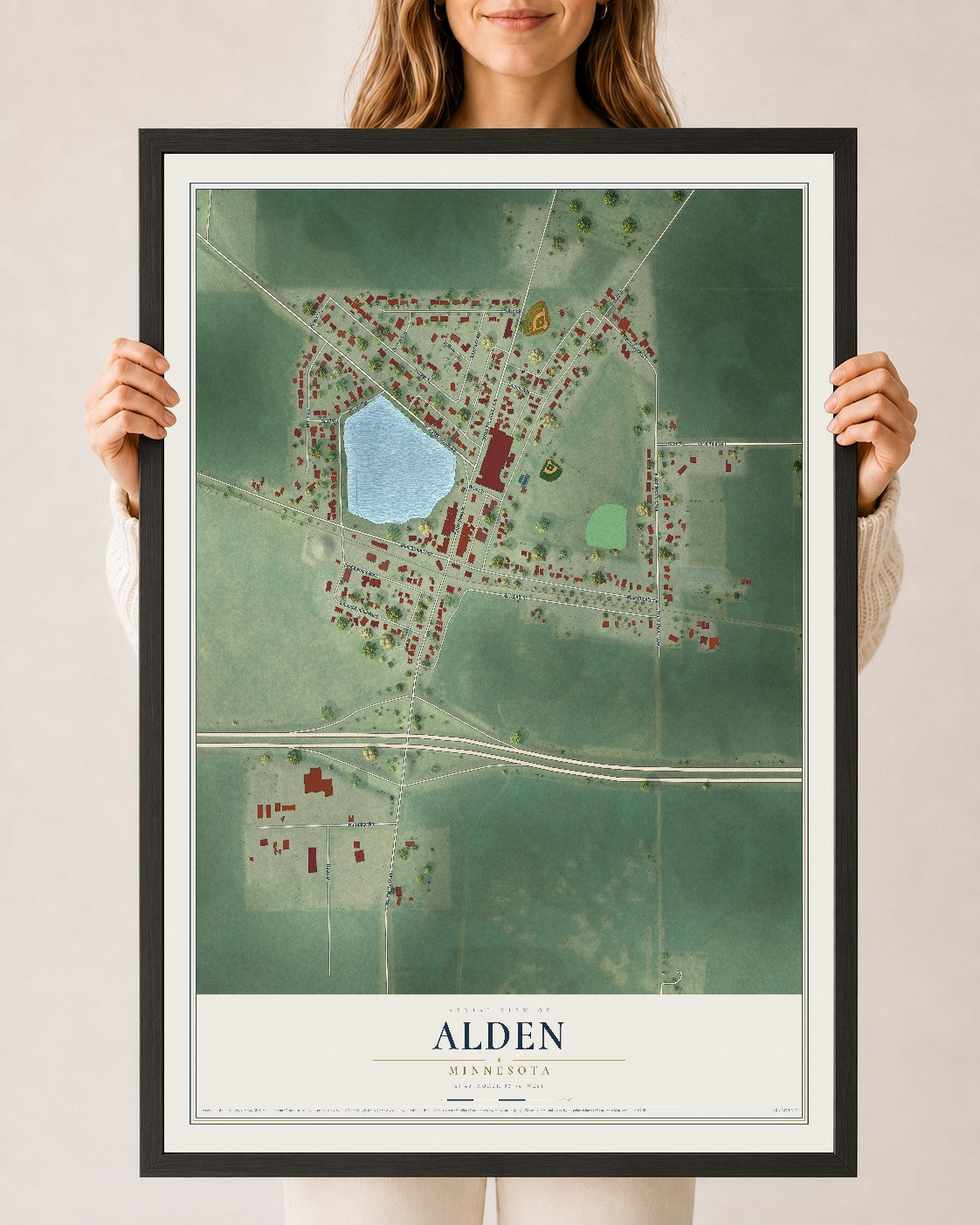 Map of Alden, Minnesota, 24 x 36 inch print in a black wood frame
