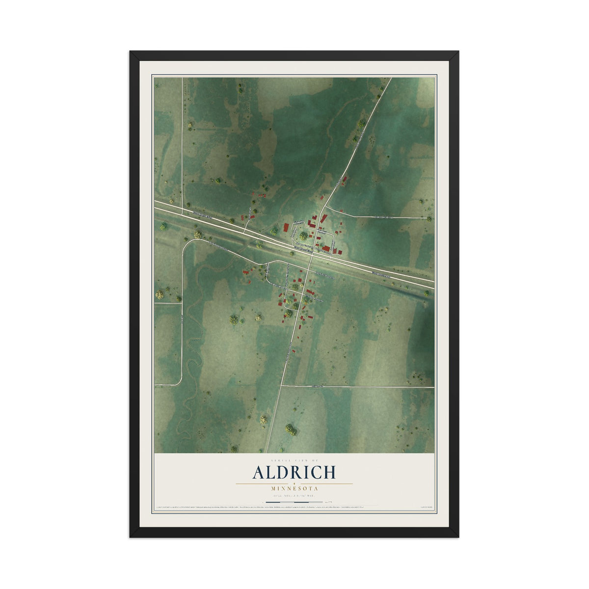 Map of Aldrich, Minnesota, 12 x 18 inch print in a black wood frame