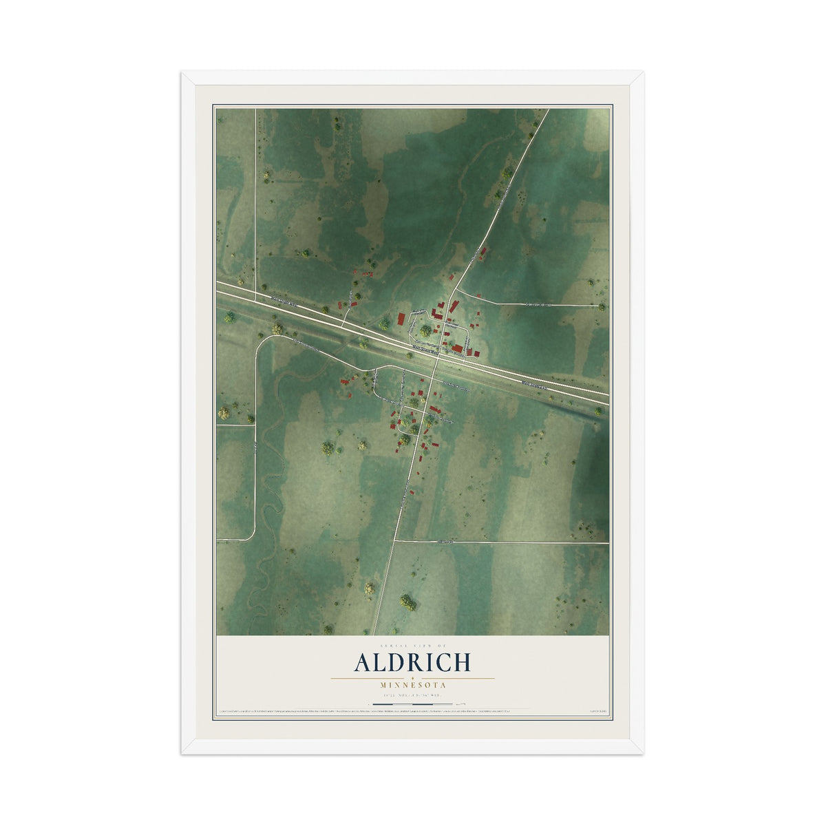 Map of Aldrich, Minnesota, 12 x 18 inch print in a white wood frame