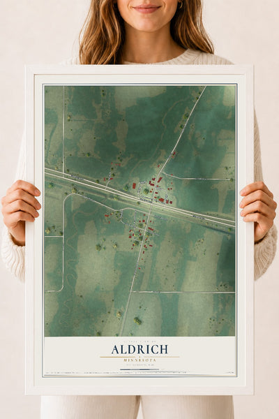 Map of Aldrich, Minnesota, 18 x 24 inch print in a white wood frame