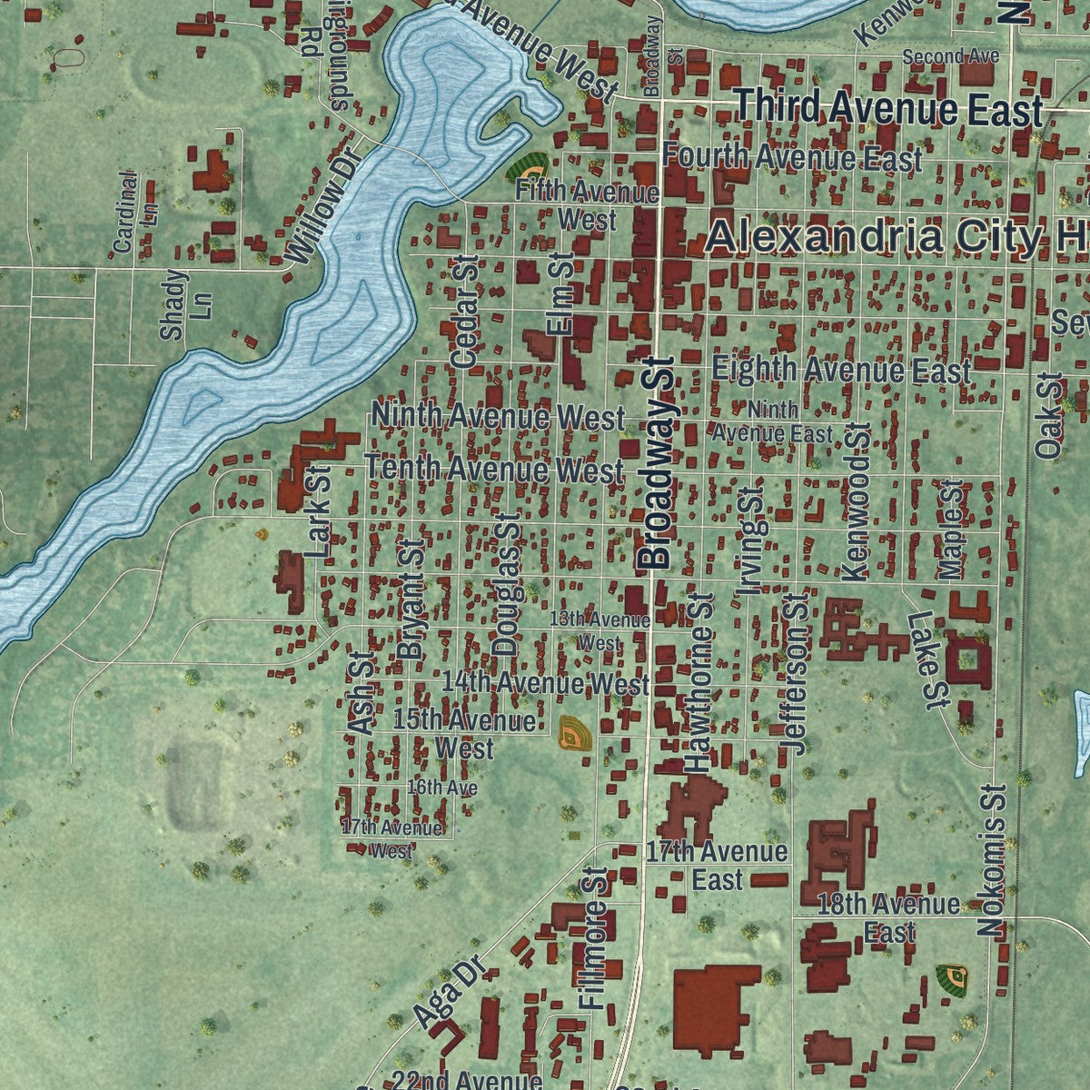 Close-up of the map of Alexandria, Minnesota print showing street and building detail
