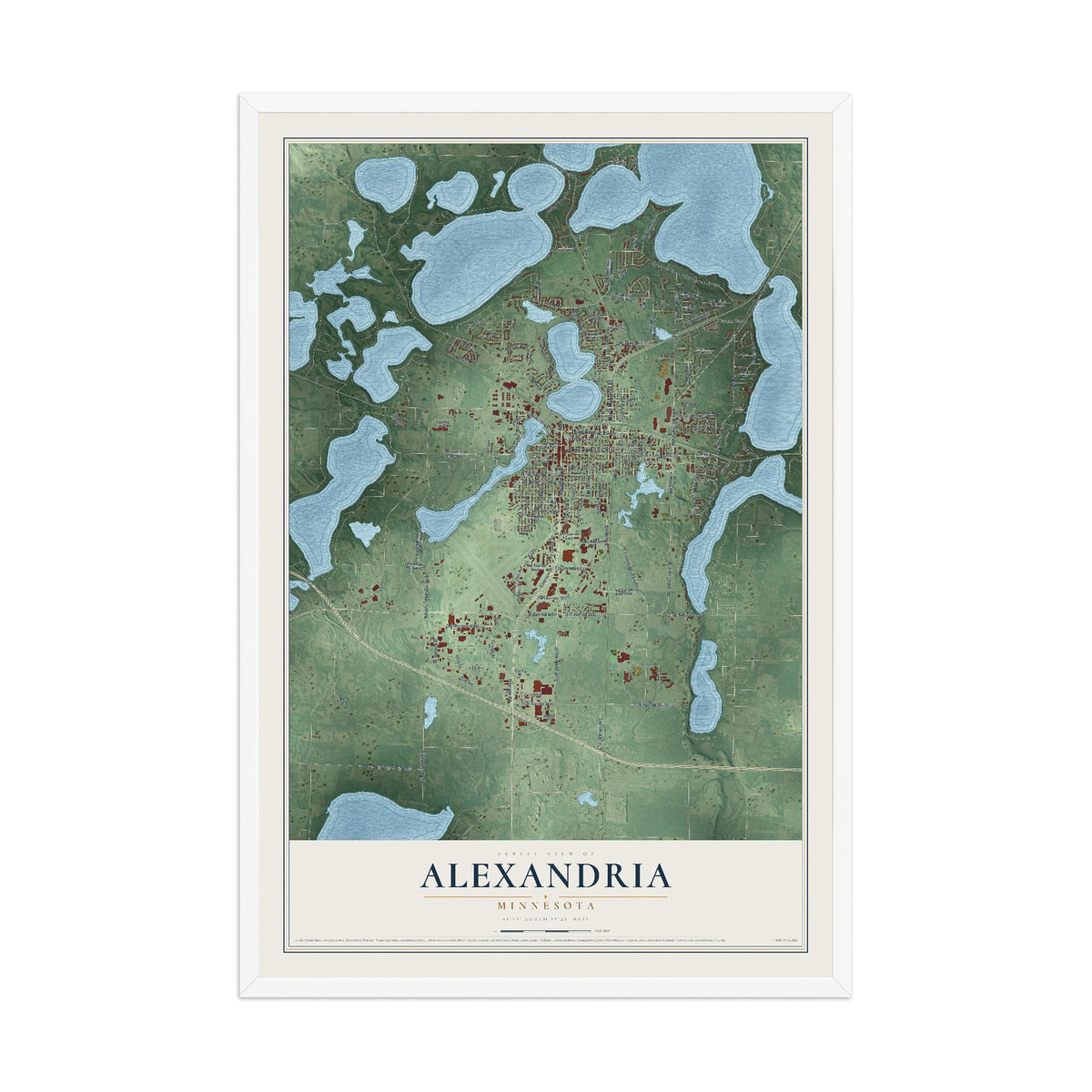 Map of Alexandria, Minnesota, 12 x 18 inch print in a white wood frame