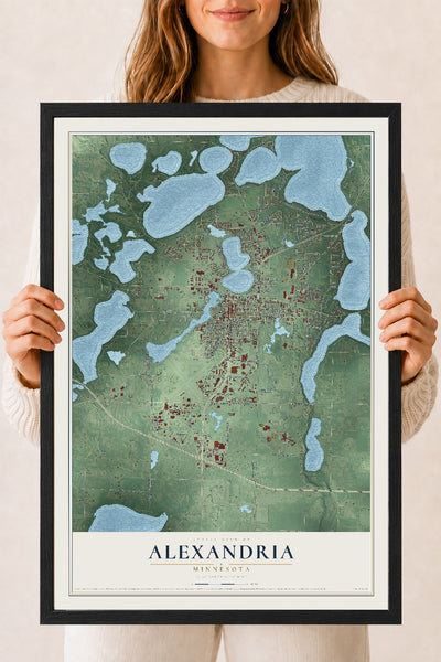 Map of Alexandria, Minnesota, 18 x 24 inch print in a black wood frame