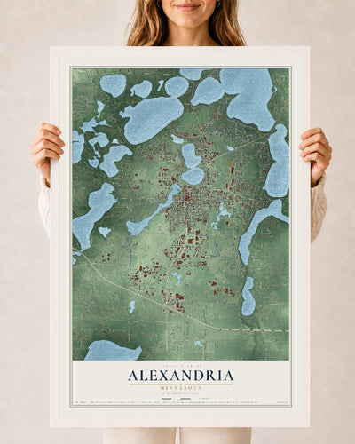 Map of Alexandria, Minnesota, 24 x 36 inch print in a white wood frame